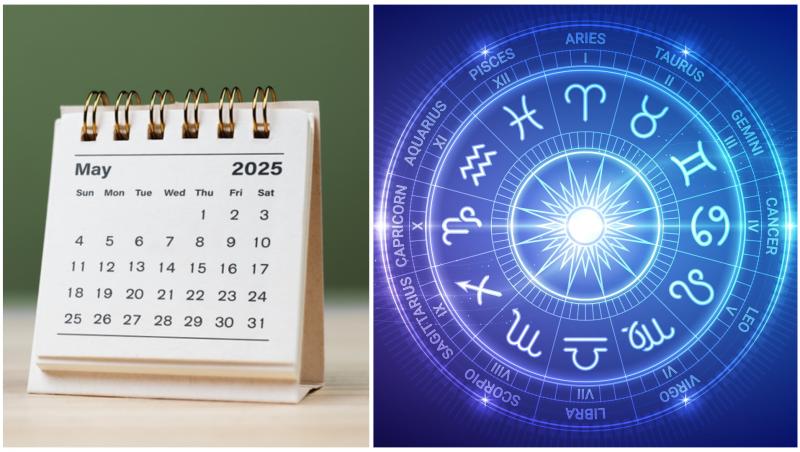 Colaj cu calendarul lunii mai și semne zodiacale pe un fundal albastru