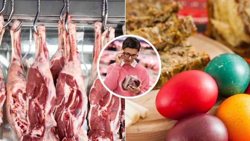 colaj carne de miel, ouă și drob, femeie care citește eticheta de la o bucată de carne