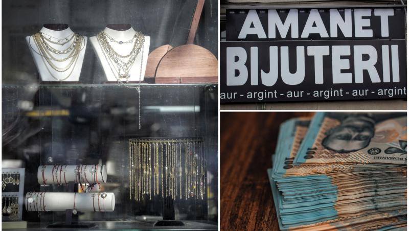 colaj foto cu un magazin amanet, poza cu bijuterii si cu lei