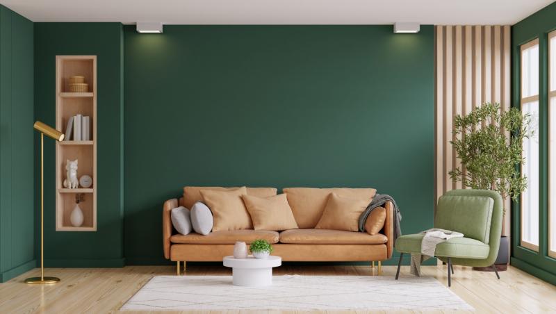 Cameră luminoasă cu o canapea și un fotoliu pe un fundal gol de perete verde &icirc;nchis