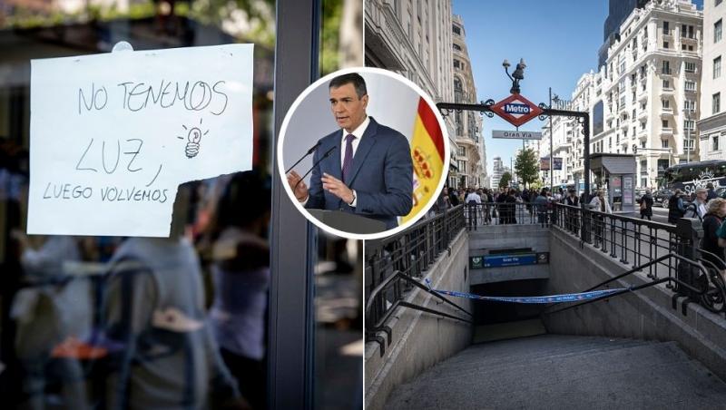 colaj pană de curent spania, trecere interzisă la metrou, afiș pe ușa unui magazin, premierul spaniei