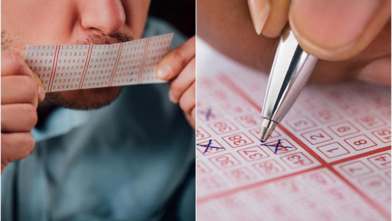 colaj foto barbat care pupa biletul loto si bilet de loto cu numere