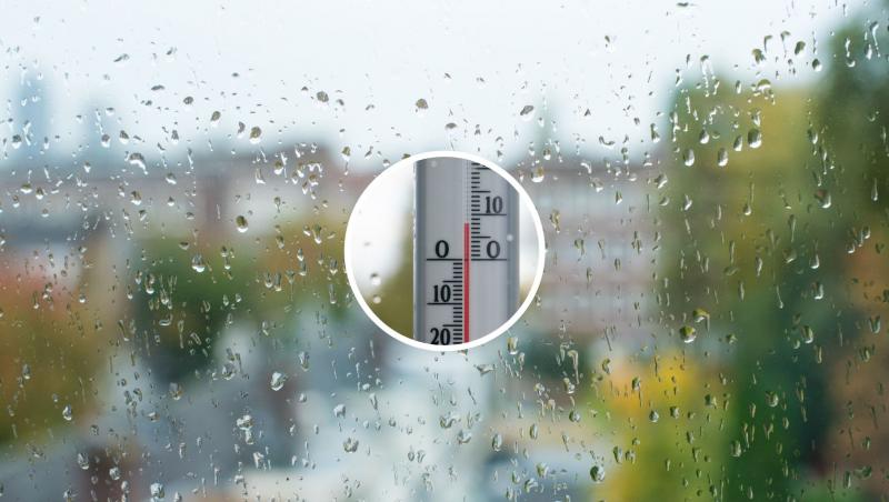 Un geam cu picături de ploaie și un termometru