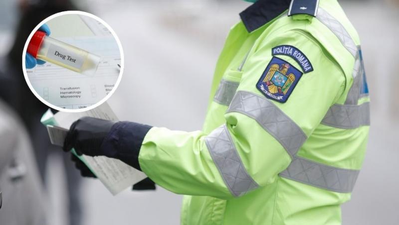 colaj polișist pe stradă în uniformă, medic cu o analiză de sânge pentru drugtest