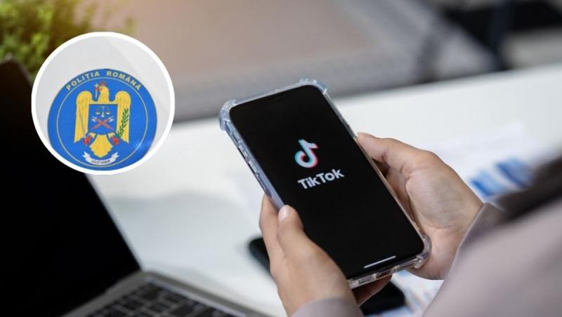 colaj tânără care stă cu telefonul în mână, deschizând aplicația tiktok, și sigla poliției române
