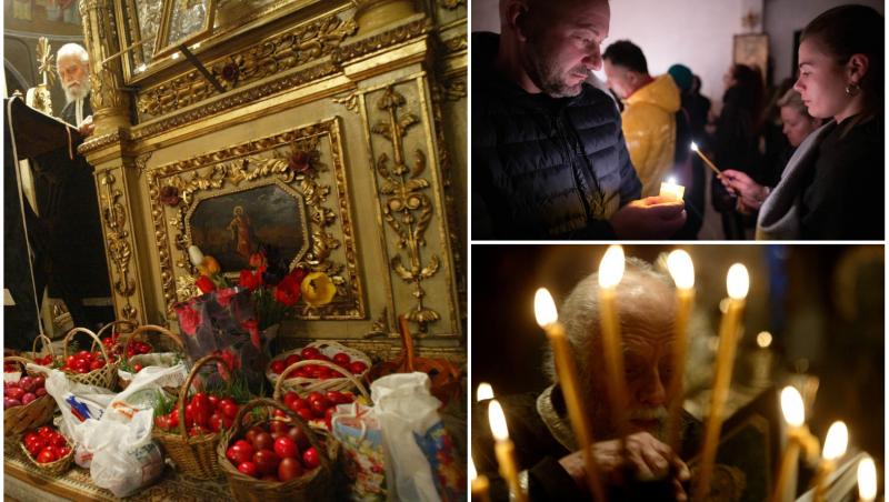 imagine cu oua rosii in cosuri in biserica, poza cu crestini cu lumanari la inviere si poza cu preot cu lumanari la paste
