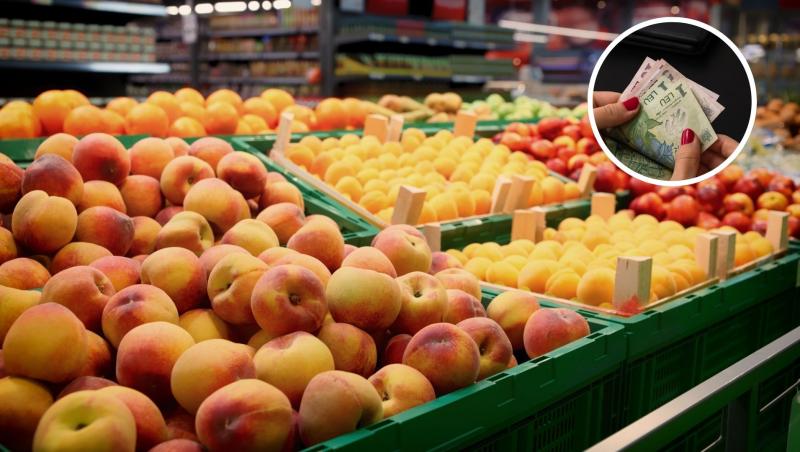 Fructe la raft în magazin: pierdici, lămâi, mere, portocale