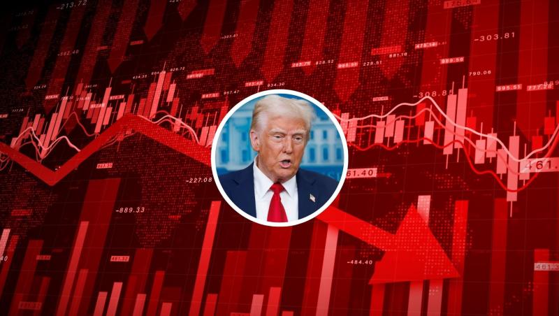 Imagine grafică cu bursa în scădere pe un fundal roșu și Donald Trump