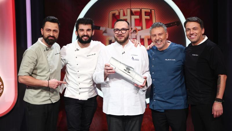 chefi la cuțite sezonil 15, chef orlando zaharia, chef alexandru sautner, irina fodor, chef richard abou zaki și chef ștefan popescu împreună cu chef Chef Agostino Iacobucci