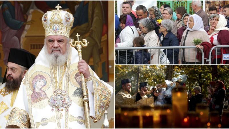 colaj foto patriarul daniel si oameni la biserica
