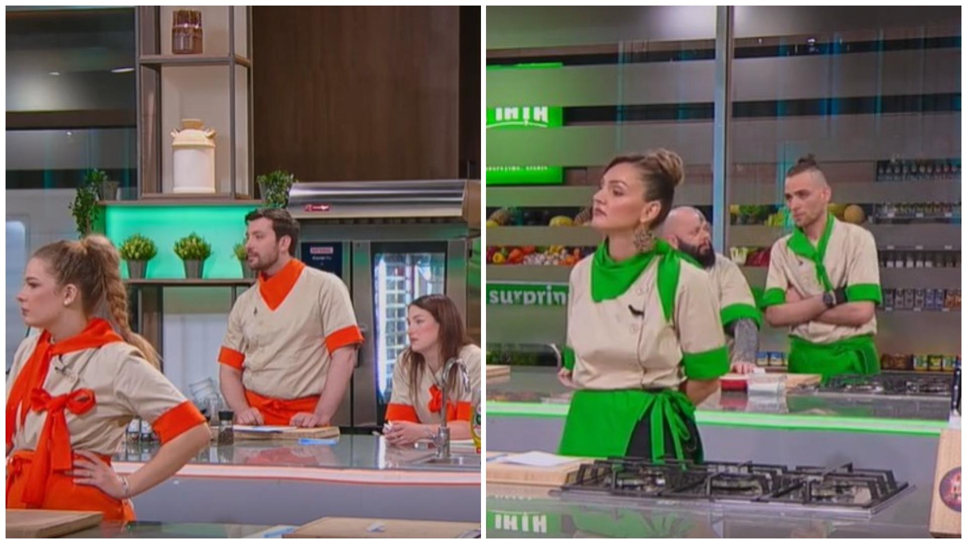 Colaj cu echipa verde și echipa portocalie la duel