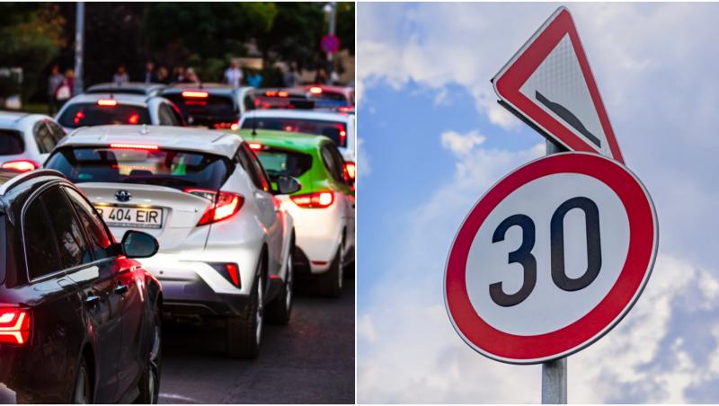 colaj foto ambuteiaj bucuresti si semn cu limita de viteza de 30 km/h