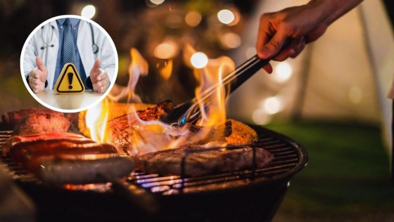 colaj persoană care prepară carne pe grătar cu flacără mare și medic