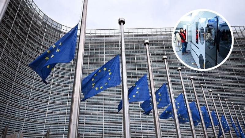 colaj steagurile uniunii europene și persoane în magazin care verifică aparate electrocasnice