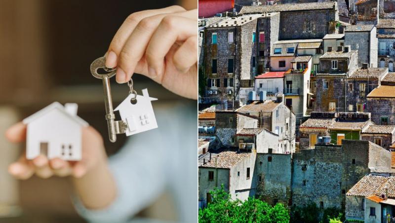 colaj femeie care ține o casă în miniatură și o cheie și case pe un deal în Mussomeli