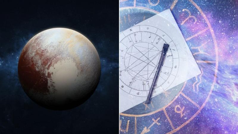 colaj pluto și schemă făcută pe o foaie înconjurată de semnele zodiacale
