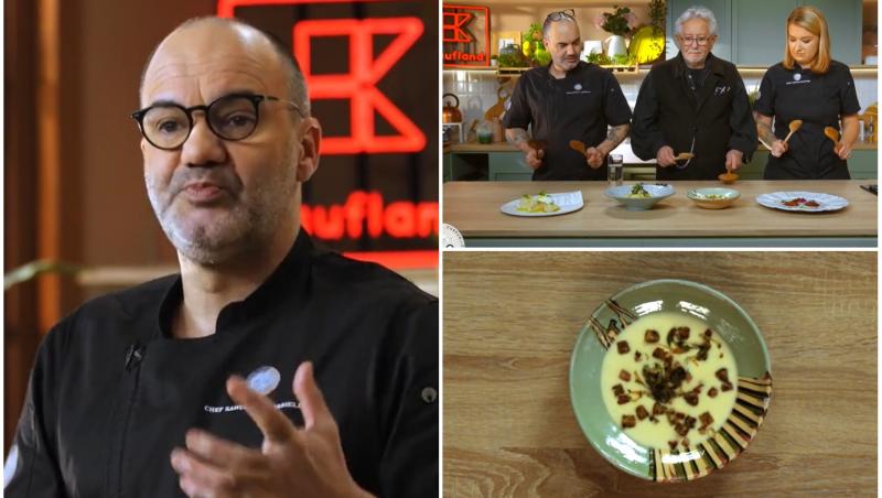 colaj foto cu chef samuel le torrelliec si poza cu reteta de supa crema de cartofi cu afumatura si poza cu Ovidiu Lipan Țăndărică