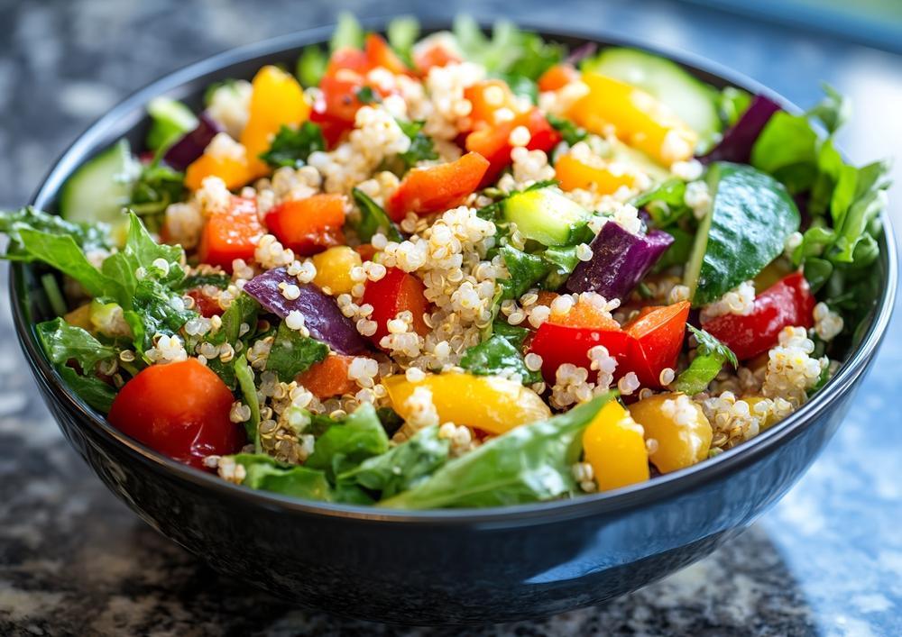 Salata de quinoa cu legume într-un bol negru