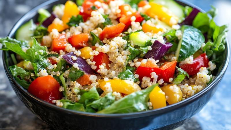 Salata de quinoa cu legume se potrivește cu carnea de vită sau cu peștele