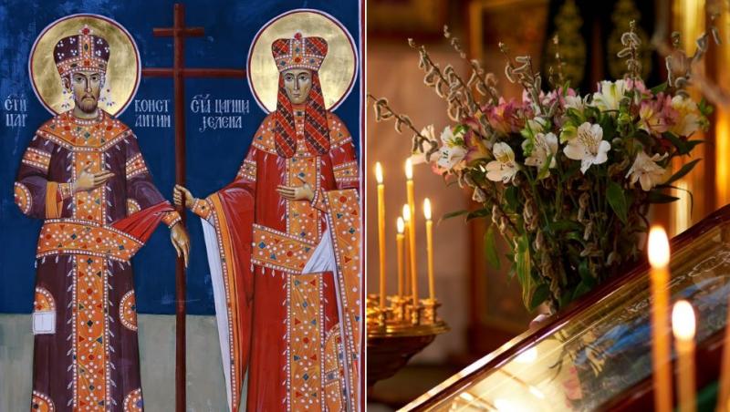 colaj icoană sfinții împărați constantin și elena și flori și lumânări aprinse în biserică lângă icoană