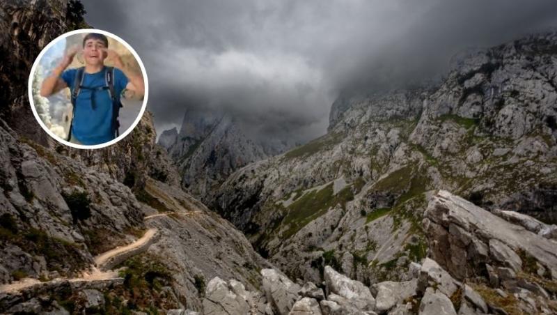 colaj Parcul Național Picos de Europa, cares trail, bărbat care a aruncat un bolovan pe traseul montan