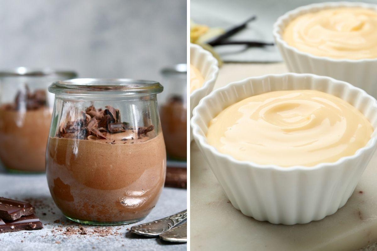 două pahare de Budinca proteică făcută în casă cu ciocolată și două boluri de Budinca proteică făcută în casă cu vanilie