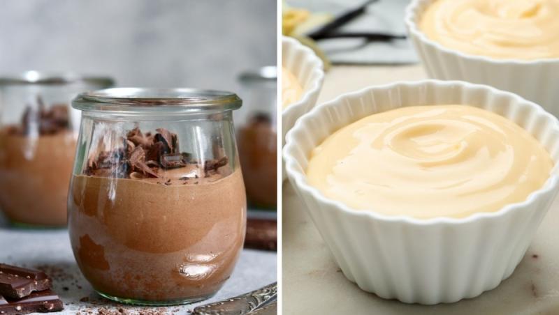 două pahare de Budinca proteică făcută în casă cu ciocolată și două boluri de Budinca proteică făcută în casă cu vanilie