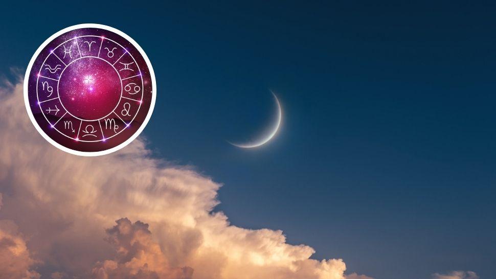 colaj lună nouă pe cer și semne zodiacale dispuse în cerc