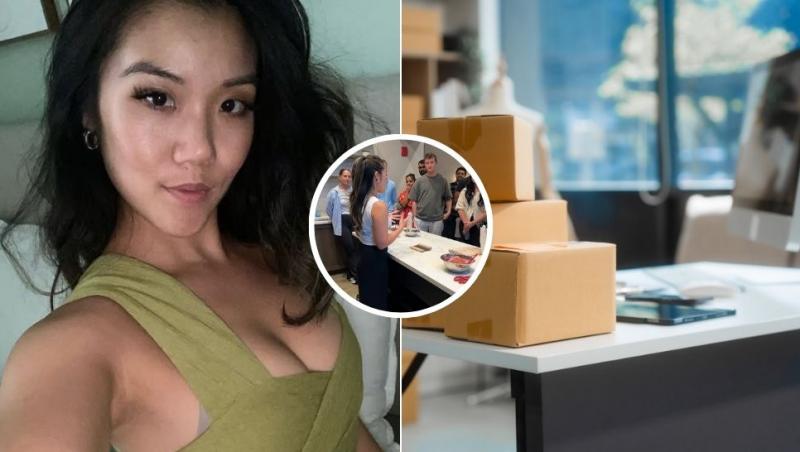 colaj samantha mui, birou plin de cutii și samantha la un curs de făcut găluști umplute