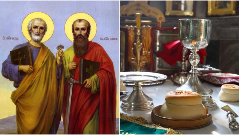 colaj foto icoana cu sfintii apostoli petru si pavel si o masa de la biserica