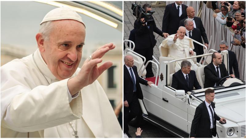 Papa Francisc pe papa mobil face înconjurul pieței la sfârșitul slujbei de Paște în curtea bisericii din Piața Sfântul Petru pentru Săptămâna Mare de Paște din Cetatea Vaticanului
