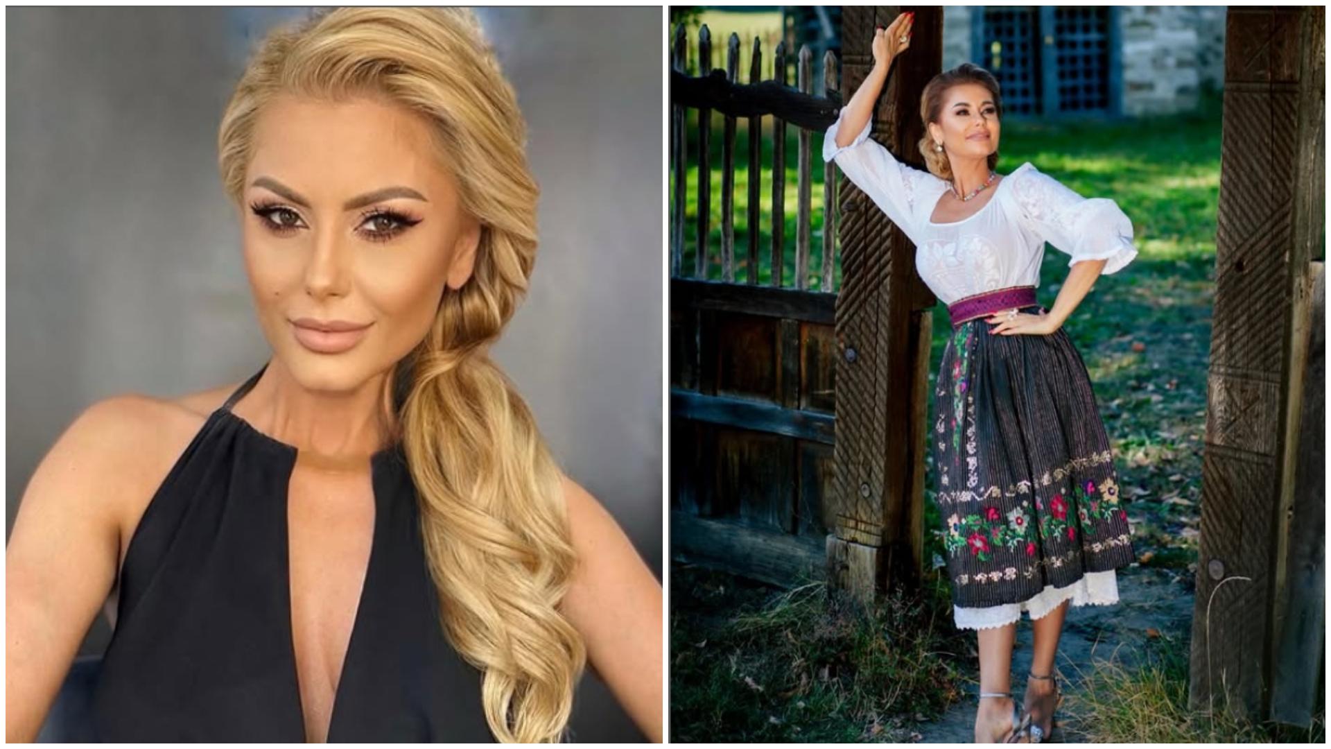 Colaj Emilia Ghinescu îmbrăcată într-o rochie neagră cu decolteu și într-un costum popular