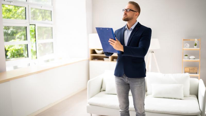 Evaluator imobiliar care verifică o locuință