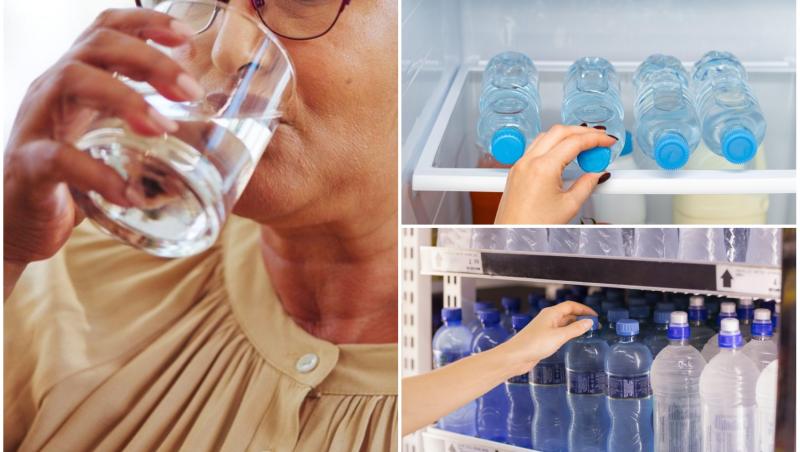 colaj foto cu persoana care bea apa si poze cu sticle de apa