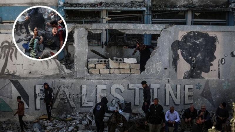 colaj ruine din fâșia gaza, oameni la coadă la mâncare în gaza