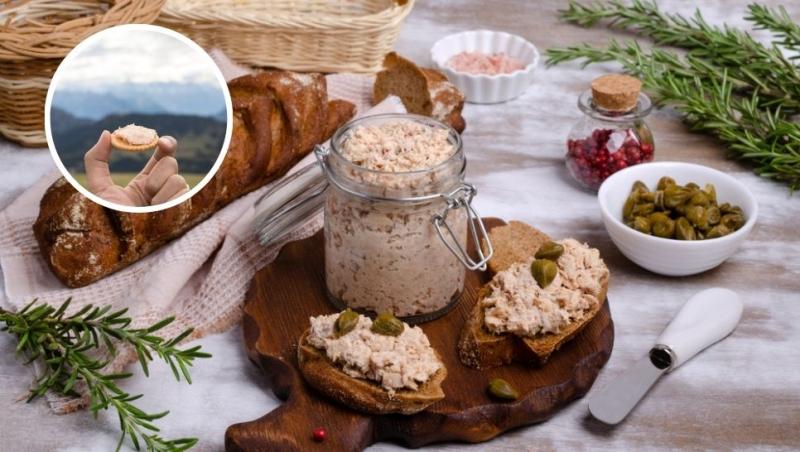 colaj pateu de ton în borcan lângă o felie cu pateu și capere lângă o baghetă și mână care ține un biscuit cu pateu de ton
