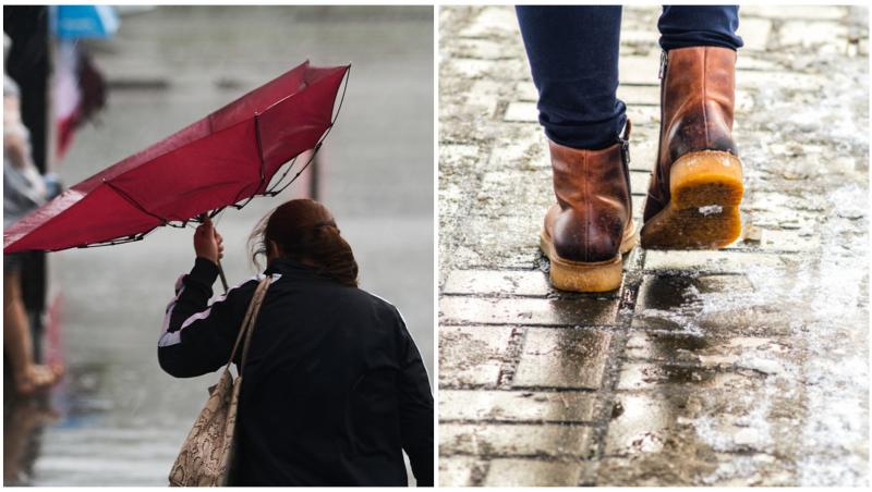 Colaj cu o femeie cu umbrela întoarsă de vânt și ghete umblând prin zăpadă