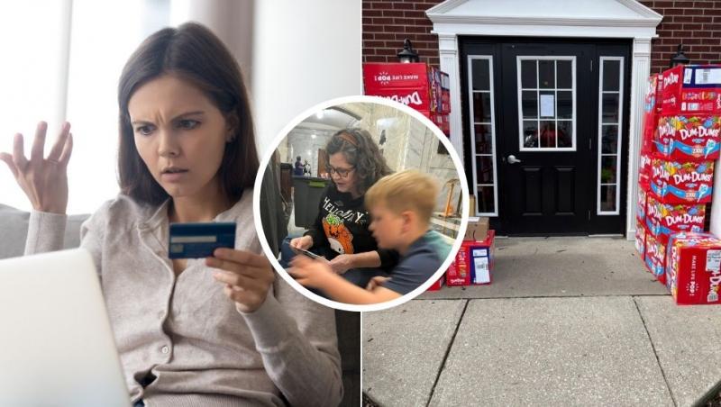 colaj femeie surprinsă cu un card în mână în fața laptopului, cutii de acadele la ușă și Holly LaFavers cu Liam