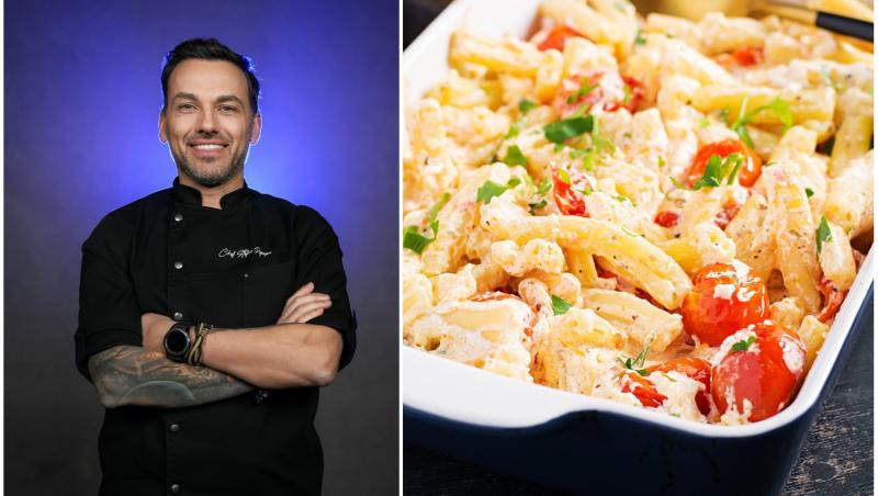 colaj foto cu chef stefan popescu si poza cu o reteta de paste cu rosii cherry si feta