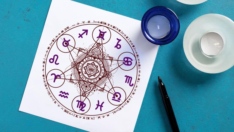 Foaie albă de hârtie cu roata zodiacală, marker și lumânări pe fundal turcoaz reprezentând astrologia