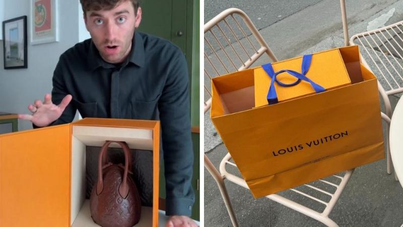 colaj tânăr care prezintă geanta din ciocolată Louis Vuitton, cutie Louis Vuitton