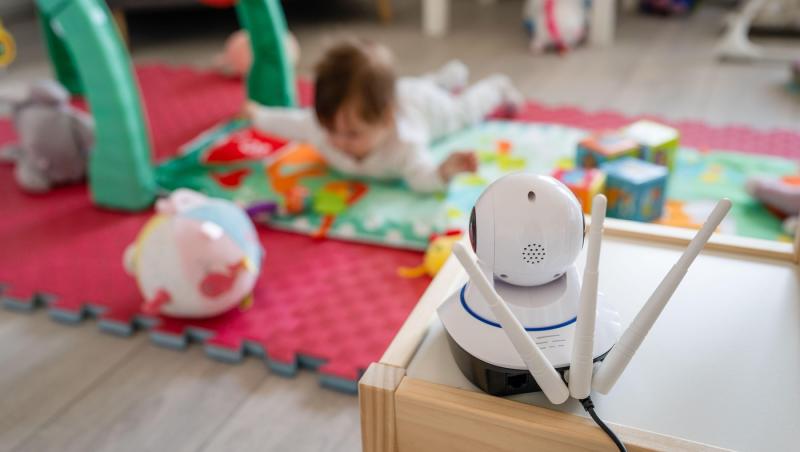 imagine cu un bebelus in camera stand pe jos