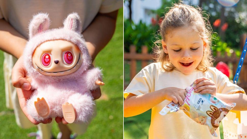 colaj fetiță care desface o cutie cu păpușă labubu și păpușă labubu