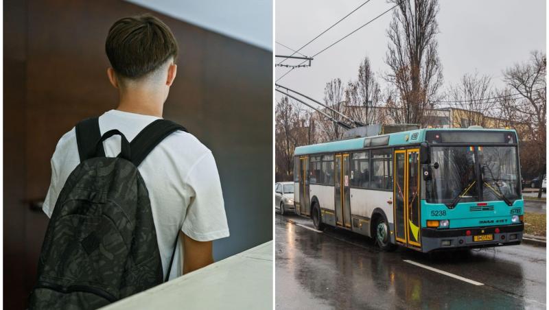 colaj foto cu un elev cu ghiozdan in spate si poza cu autobuz