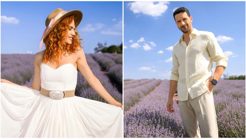 Michaela Prosan, Adi Nartea, Sara Ghimpu la filmările serialului Iubire cu parfum de lavandă în Livada cu Lavandă din Podișor, Județul Giurgiu