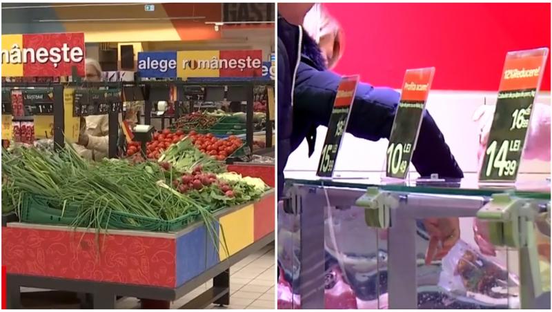 Legume, fructe și carne într-un supermarket