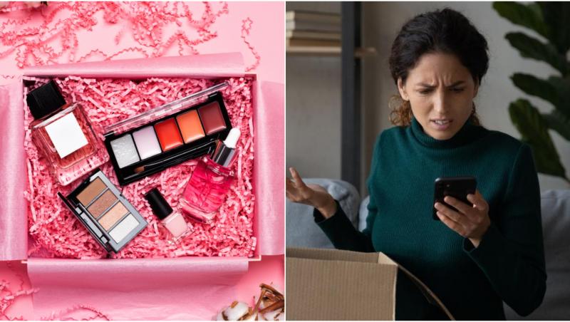colaj foto beauty box si o femeie nervoasa
