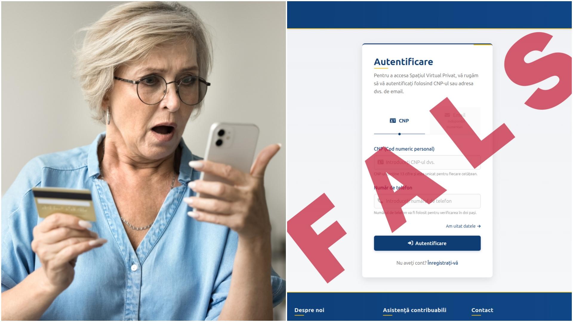 colaj foto femeie ingrijirata care tine in maini telefonul si cardul si un site anaf fals
