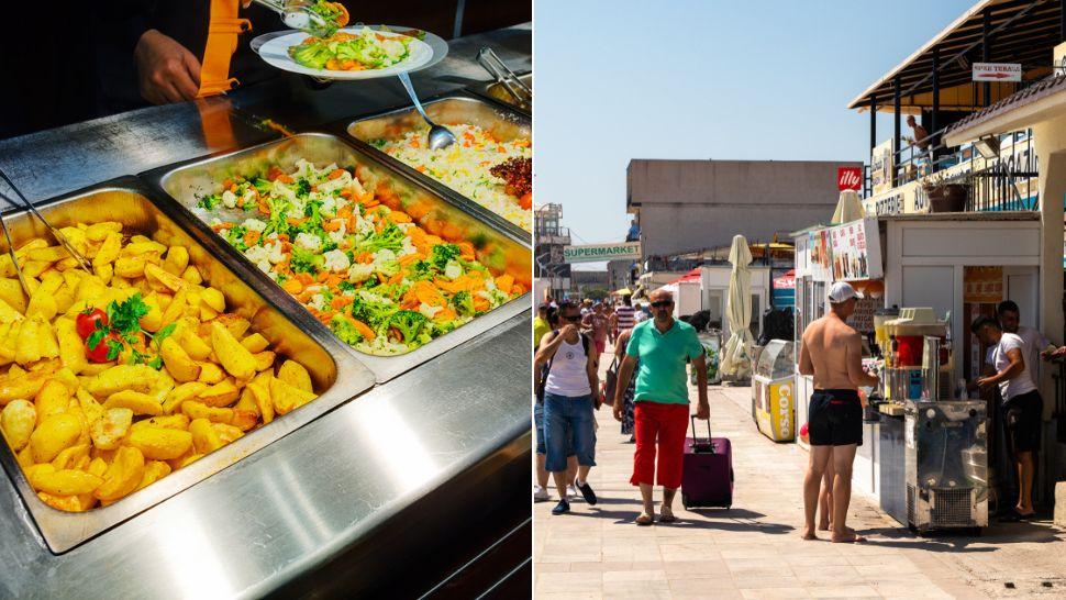 colaj mâncare la autoservire și oameni pe faleză pe lângă magazine