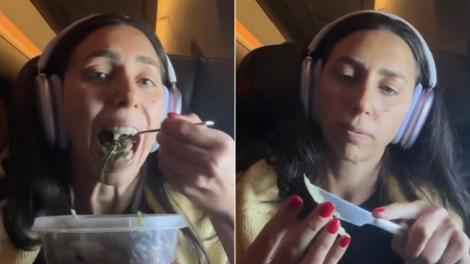 O femeie a devenit ținta criticilor, după ce și-a pregătit o salată în avion. Ce i-a nemulțumit pe călători, dar și pe internauți